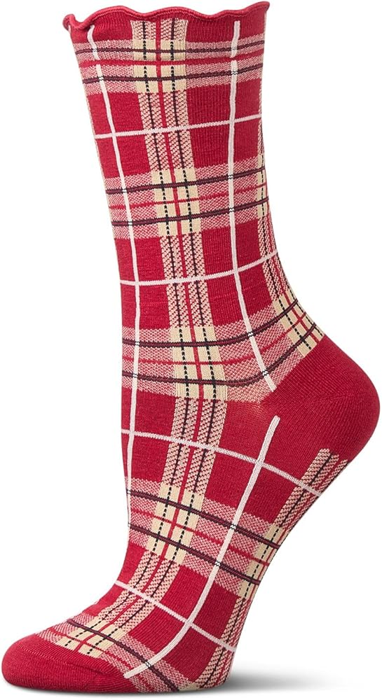 MeMoi Women's Classic Plaid Lettuce Edge Crew Socks