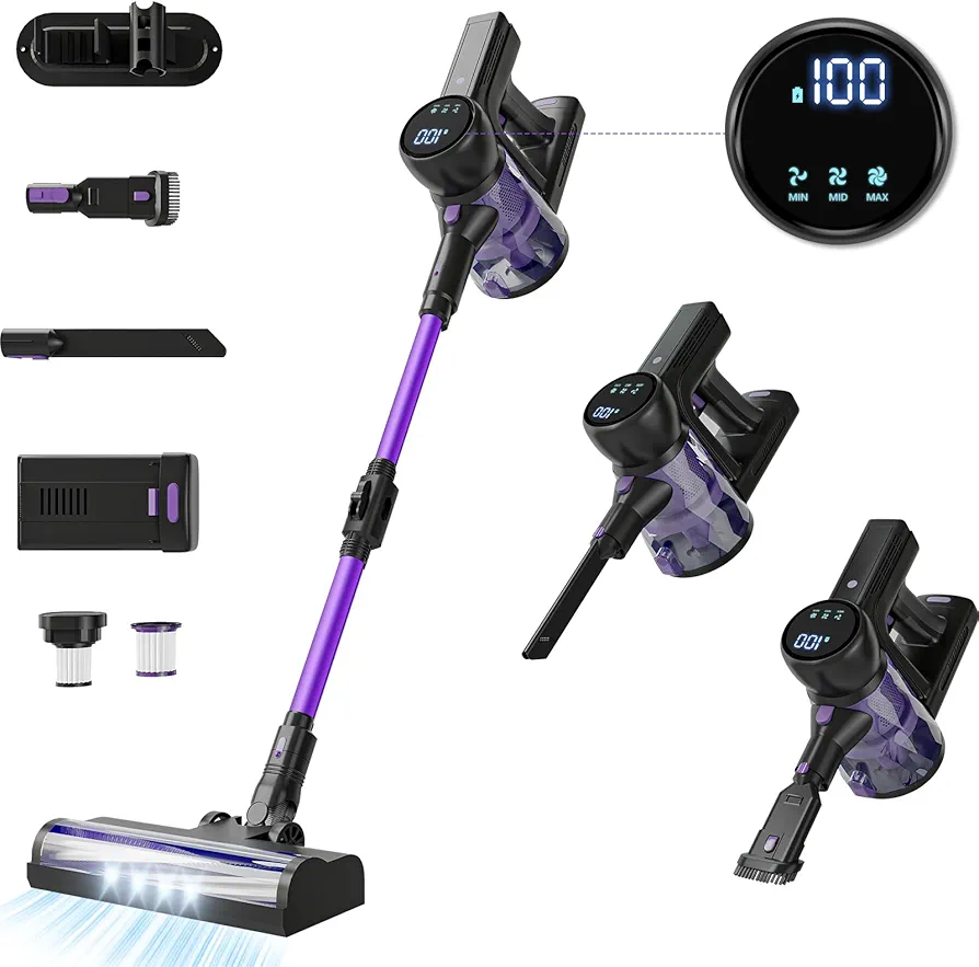 Portable Cordless Vacuum Cleaner: Lightweigt Stick Vacuum with Rechargeable Battery 6-in-1 Powerful Vacuum Cleaner for Home with LED Screen Upgraded Floor Brush for Hardwood Floor Carpets Pet Hair