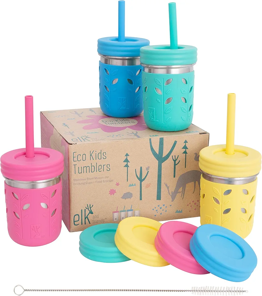 Elk and Friends Stainless Steel Cups | 10 oz Mason Jar design | Kids & Toddler Cups with Silicone Sleeves & Straws with Stopper | Smoothie Cups