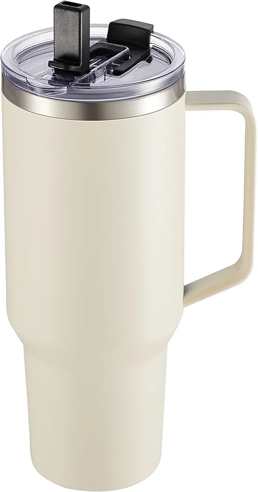 40 oz Tumbler with Handle and Straw Lid, Stainless Steel Double Wall Vacuum Insulated Tumbler Leak-proof Travel Mug Cup for Car, Office, Home, Cream, 1 Pack