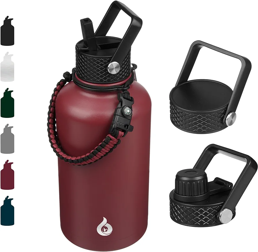 BJPKPK Half Gallon Insulated Water Bottles with Straw Lid, 64oz Large, Stainless Steel with 3 Lids and Paracord Handle for Hot & Cold Liquid, Brick Red