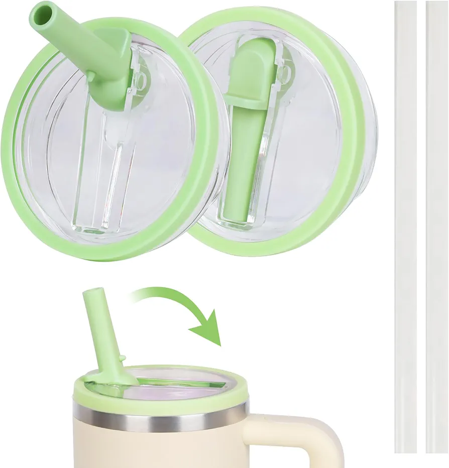 30 oz Replacement Lid for Stanley Quencher Tumbler Flip Straw, 2 PCS Spill Proof Lid Accessories Fit for Stanley with handle, Leak-Proof Splash Resistant Replaceble Cover Cap for Stanley, (Green*2)