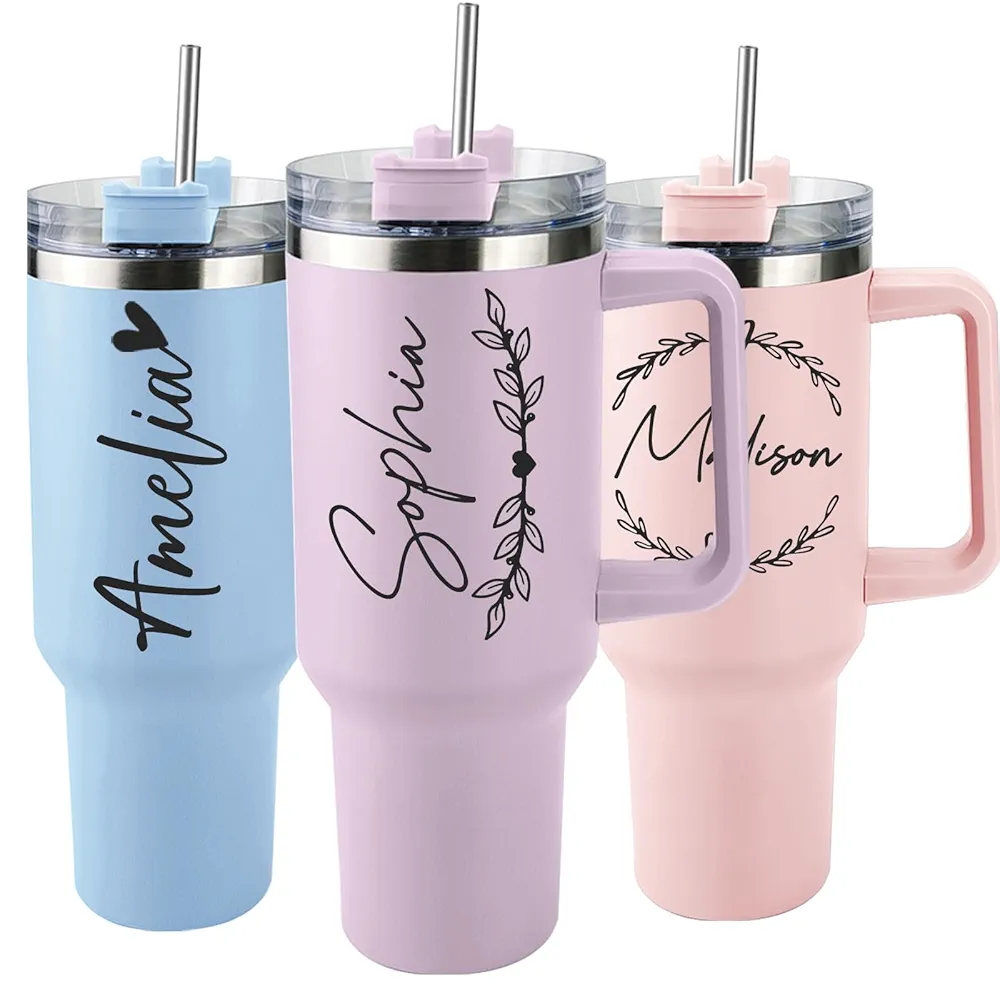 Ships Next Day, Personalized 40 Oz Tumbler with Handle and Straw, Custom Stainless Steel Insulated Tumbler with Name Travel Coffee Mug Personalized Gifts for Women Girls