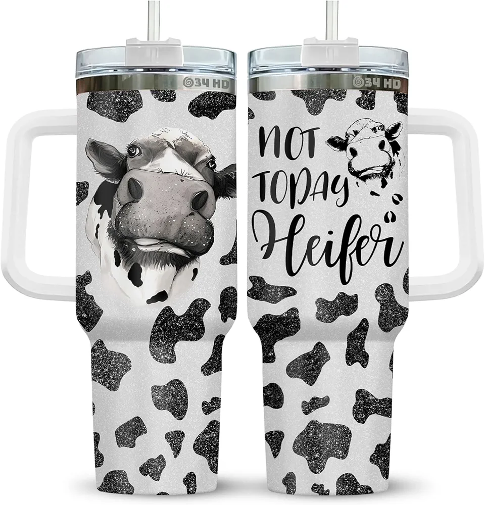 34HD Cow Christmas Gifts for Women, Funny Cow Print Tumbler 40 Oz with Handle and Straw Stainless Steel, Heifer Cow Cup, Cow Gifts for Cow Lovers Women
