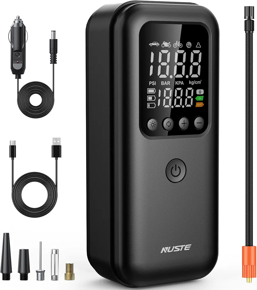 Tire Inflator Portable Air Compressor, 150PSI Cordless Air Pump for Car Tires, Bike Air Pump with Digital Pressure Gauge, LED Light, for Motorcycle, Ball