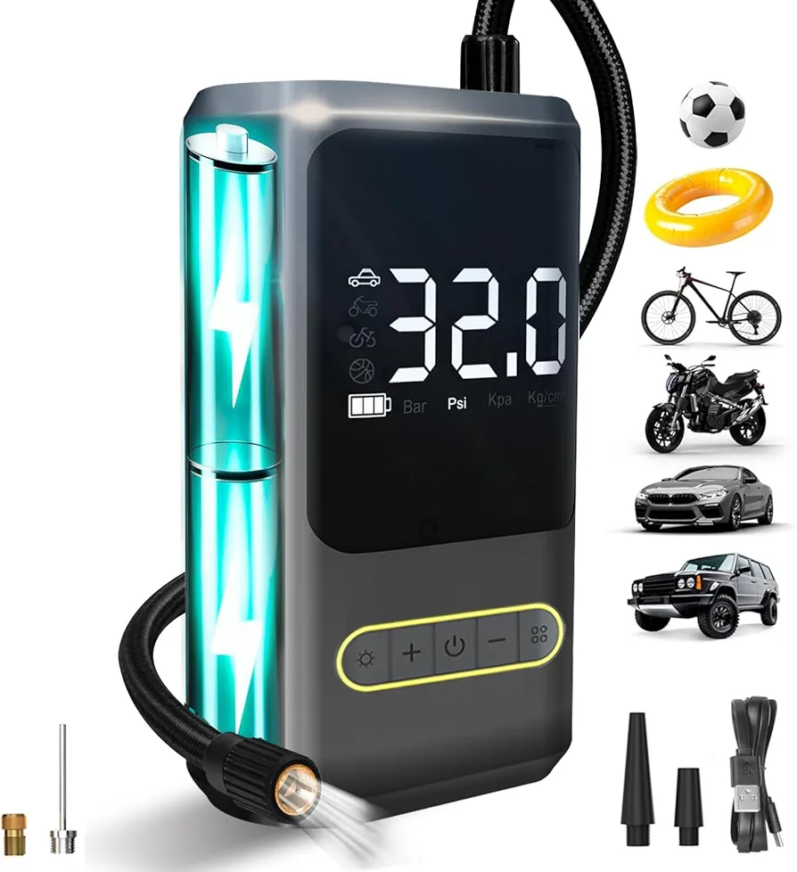 Tire Inflator Portable Air Compressor-Air Pump for Car, 150 PSI Cordless Electric Bike Tire Pump for Car, Motorcycle, Bicycle, Ball, with Digital Pressure Gauge, LED Light,Power Bank