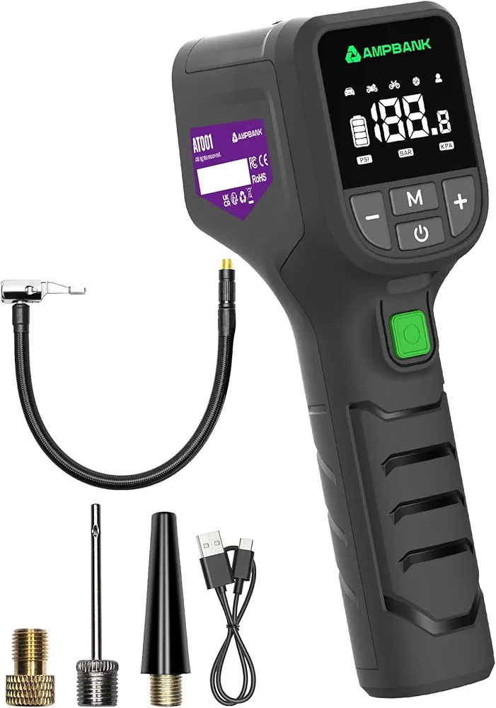 Tire Inflator Portable AMPBANK AT001, Portable Tire Inflator for Car with Pressure Gauge,Auto Air Pump150 PSI, Portable Air Compressor with LED for Car Tires, Motorcycle, SUV, Bicycle, Balls-Purple