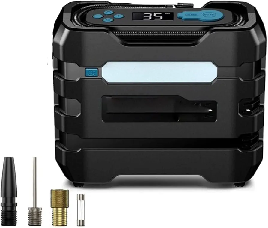 Car Tire Inflator, 12V DC Air Compressor w/ 3 LED Light Modes - Blue