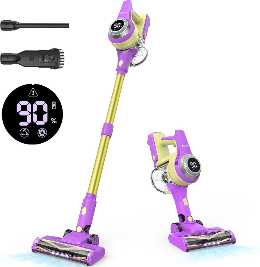 Belife Cordless Vacuum Cleaner for Home, Lightweight Stick Vacuum with Self-Standing, Rechargeable Wireless Vacuum with LED Screen & Anti-Tangle for Hardwood Floor, Pet Hair, Carpet (Purple)