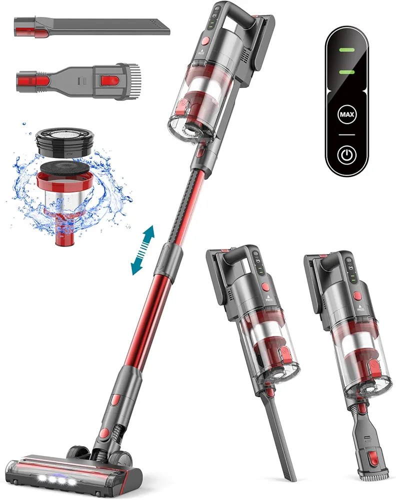 Cordless Rechargeable Vacuum Cleaners, Powerful Wireless Vacuum Up to 35 Mins Runtime with 85,000PRM Motor, 2 Adjustable Suction for Home (Sunset Red)