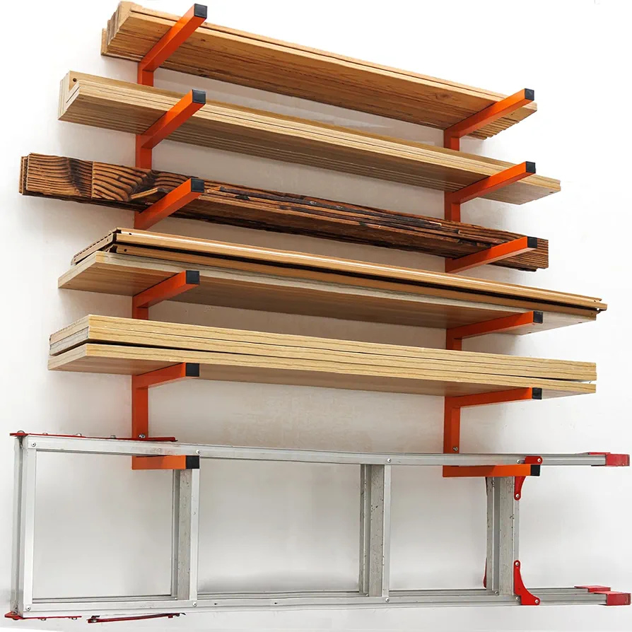 Wood Organizer and Lumber Storage Rack Wall Mount, Heavy Duty Metal Wood Rack Organizer with 6-Level Each Shelf Holds Up 200 Lbs, Indoor & Outdoor Use - 4pack