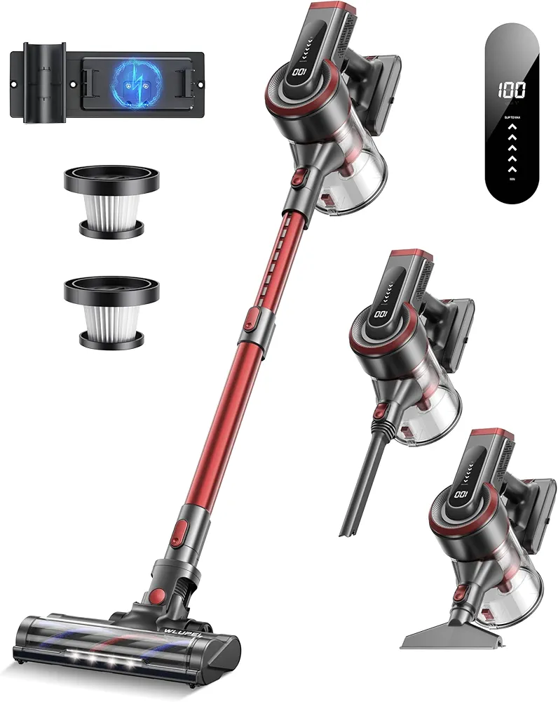 WLUPEL Cordless Vacuum Cleaner, 450W 38Kpa Powerful Stick Vacuum with 55min Detachable Battery, Vacuum Cleaners with Touch Display, Red, H8S Pro