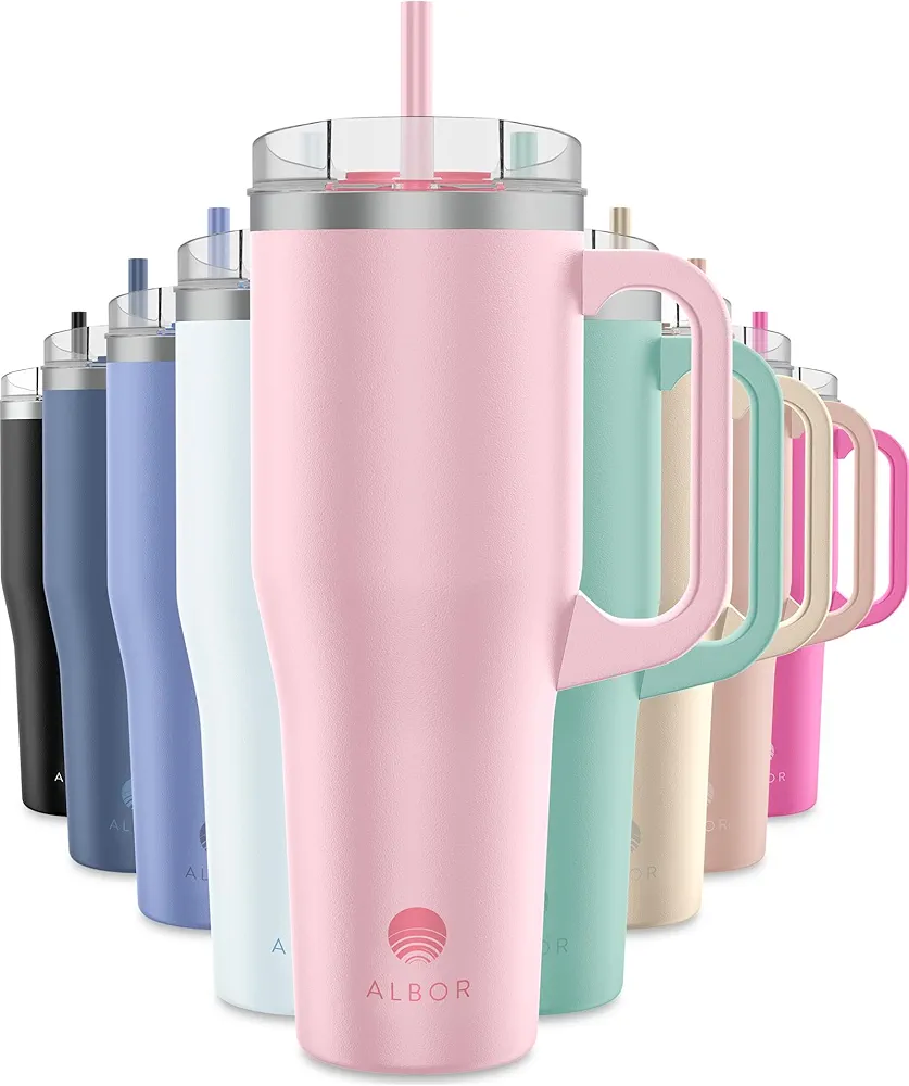 ALBOR 40 oz Tumbler With Lid and Straw, Leak Proof Durable Stainless Steel Insulated Tumbler With Handle, Spill Proof Water Bottles With Straw (Pink, 40 oz)