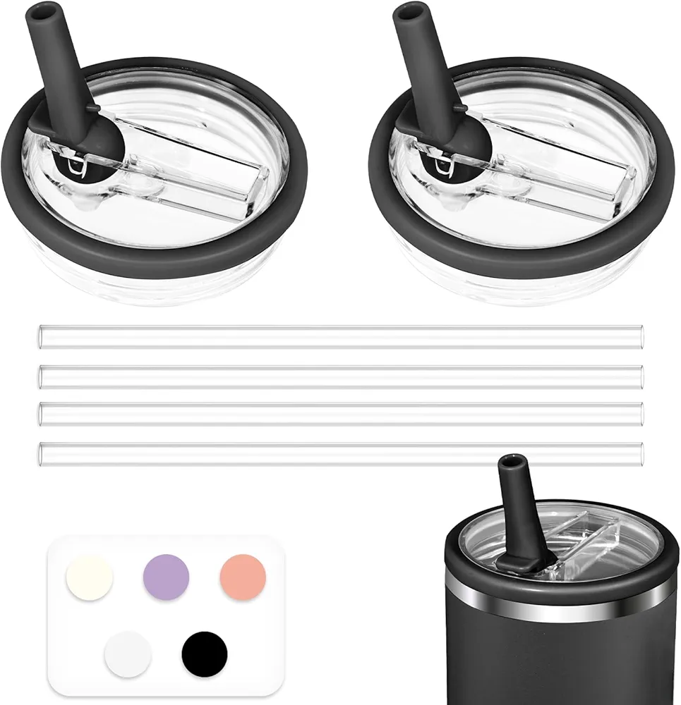2-Pack 40oz Tumbler Replacement Flip Straw Lids with 4 Long Straws, Spill-Proof, Splash-Resistant, Reusable Covers for Large Travel Mugs, Compatible with Most 40oz Tumblers (Black)
