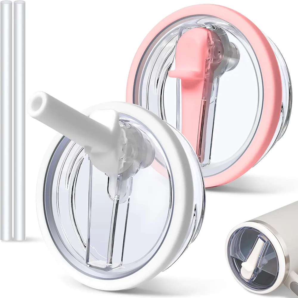 2 PCS 40 oz Spill Proof Tumbler Flip Straw Lid for Stanley Cup, Leak Proof Tumbler Lid Replacement Fit for Stanley Quencher, Reusable Tumbler Cover 40oz Stanley Cup Accessories (white+pink)