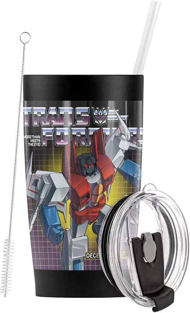 Logovision Transformers OFFICIAL Starscream Stainless Steel Tumbler with Straw and Flip Lid 20 oz Travel Mug/Cup, Vacuum Insulated & Double Wall with Leakproof Dual Lid