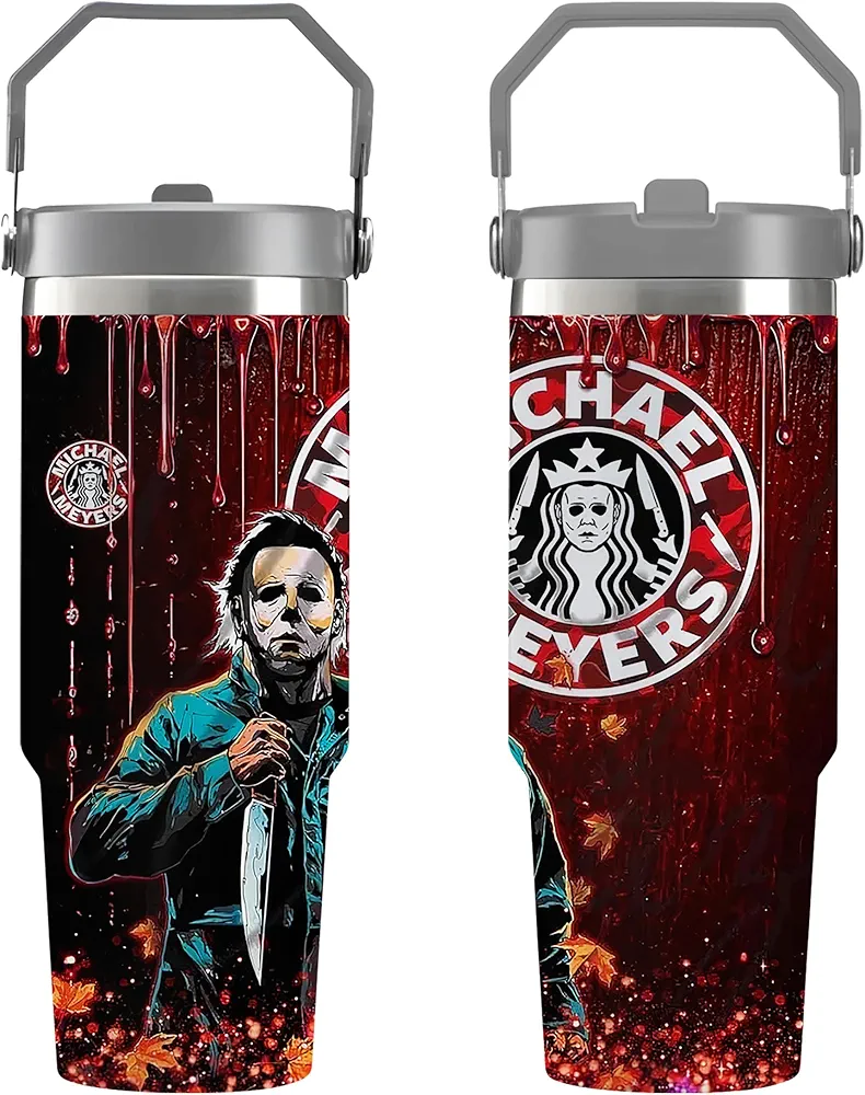 PuresDesigns Horror Tumbler, Horror Cups, Horror Movie Tumbler, Halloween Tumbler, Michael Tumbler Myers, Mike Starbuc Tumbler,Halloween Flip Straw Tumbler
