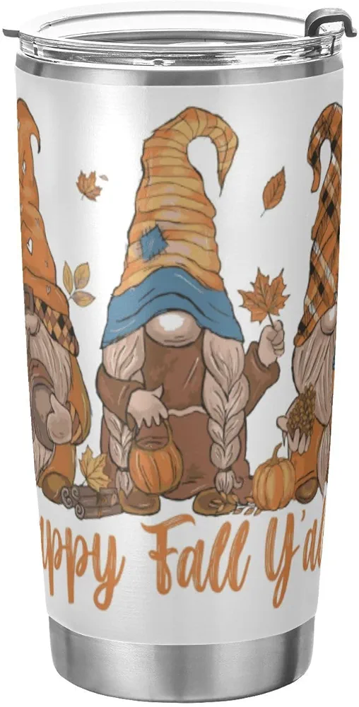 VKPSCHJ Happy Fall 'y All Stainless Steel Tumbler with Straw and Flip Lid, Cute Autumn Gnomes Insulated Double Wall Travel Mugs Hot Cold Water Bottles Reusable Coffee Ice Cups 20oz