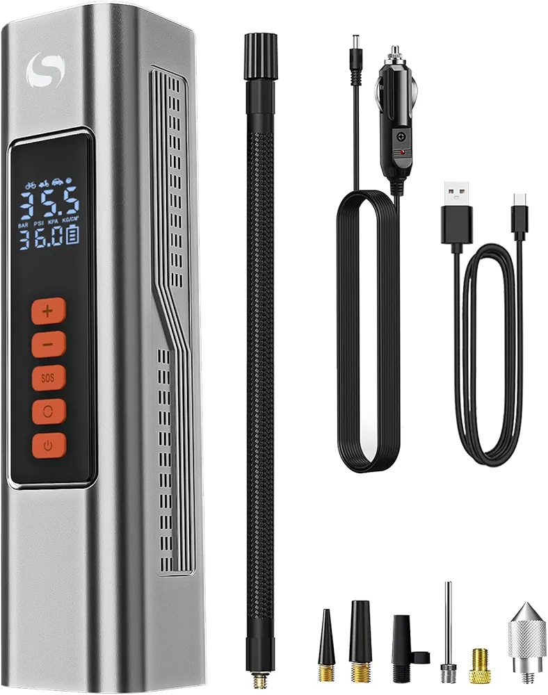 Tire Inflator Portable Bike Air Compressors, 150PSI Cordless Tire Inflator for Motocycle Pump, 12V DC Tire Pump with Digital Pressure Gauge, LED Light, Car Accessories Essential for Men