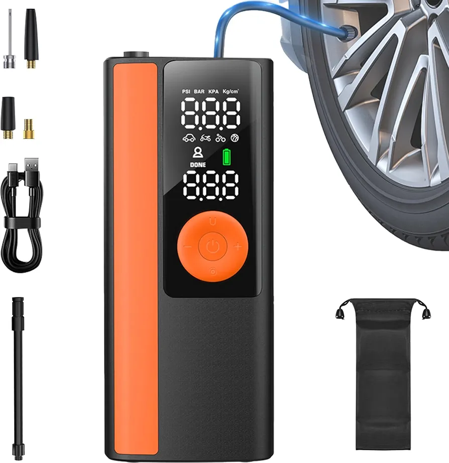 Tire Inflator Portable Air Compressor, 150PSI Tire Inflator for Car, Auto Shut Off Bicycle Pump with Digital Pressure Gauge and Emergency Light for Cars, Motorcycles, and Ball Bicycles (Orange)