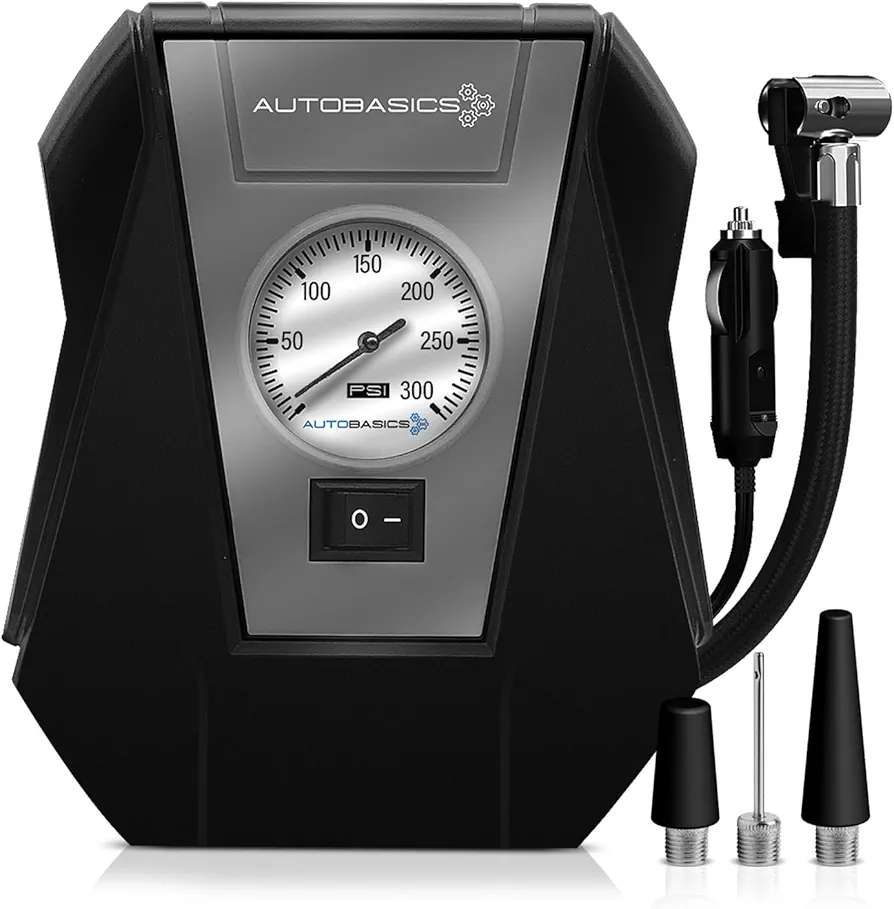 Tire Inflator Portable Automatic Air Compressor - 300 PSI Air Pump with Built-in Pressure Gauge and 9ft 12V-DC Car Plug – for Car Tires, Scooter, Bike, Ball, Inflatable Pool, Balloon