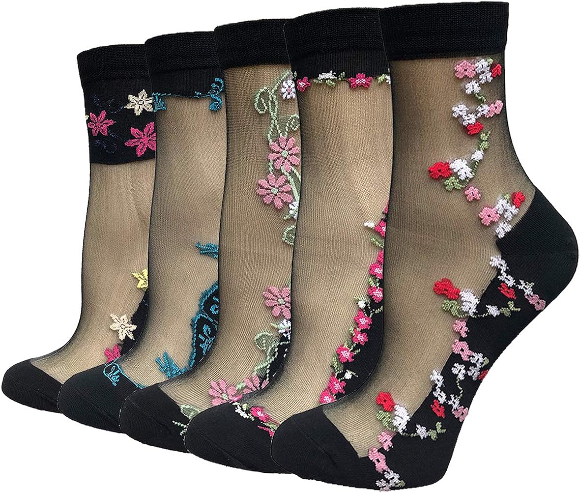 DXYAKY 5 Pairs Women Sheer Mesh Socks Ultrathin Fishnet See Through Lace Ankle Socks Summer Transparent Floral Socks
