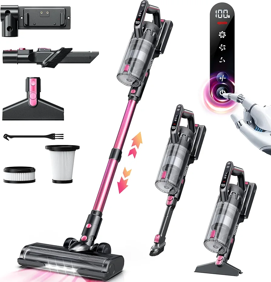 Cordless Vacuum Cleaner, 23000pa Powerful Lightweight Stick Vac with LED Headlights, 45 Minutes Runtime, 3 Modes, Handheld Vacuums for Home, Carpet, Hardwood, and Pet Hair (Pink)