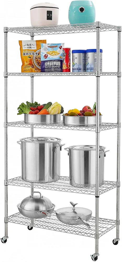 Storage Shelves, Heavy Duty Shelving 5 Tier Layer Wire Shelving Unit with Wheels Metal Wire Shelf Standing Garage Shelves Storage Rack,Adjustable NSF Certified for Restaurant Basement Garage Kitchen