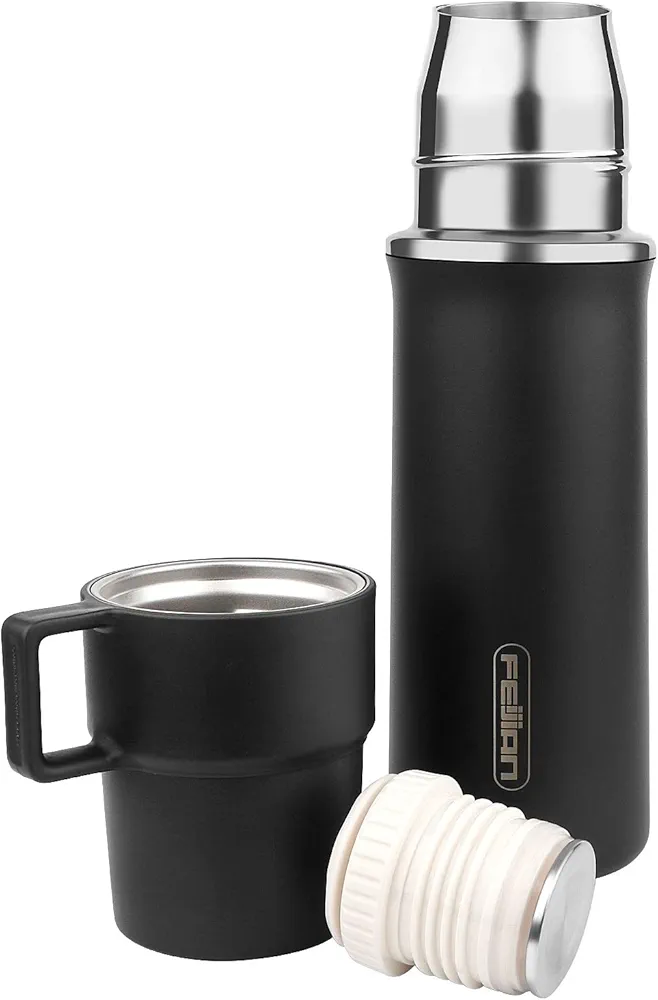 Insulated Water Bottle with Cup, 21 OZ Stainless Steel Water Bottle, Coffee Insulated Bottle with Handle, Double-Walled Thermal Water Bottle for Hot Drinks & Cold Drinks, Black