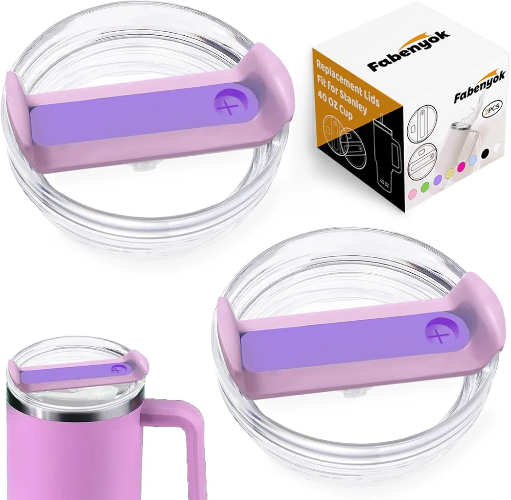 40 OZ Tumbler Lid Replacement Fit for Stanley Cup, 2 Pack Clear Replacement Lids Fit for Stanley Travel Tumbler, Spill Proof Tumbler Covers for Stanley Cup Accessories (Clear - Purple)