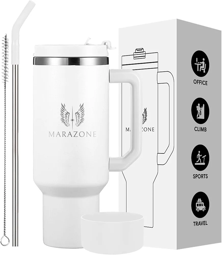 40oz Stainless Steel Coffee mug set with Handle - Vacuum Insulated Leak proof Tumbler with Lid, Straw, Straw Cleaning Brush, and Silicone Base Cover, for Coffee, Water, Tea, and more - White