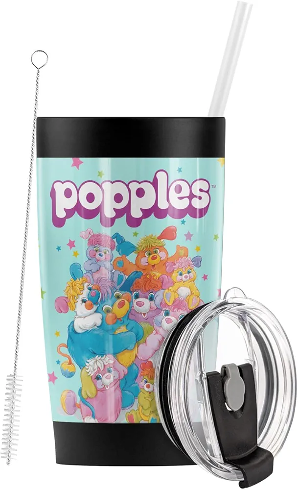 LOGOVISION Popples OFFICIAL Group Shot Stainless Steel Tumbler with Straw and Flip Lid 20 oz Travel Mug/Cup, Vacuum Insulated & Double Wall with Leakproof Dual Lid