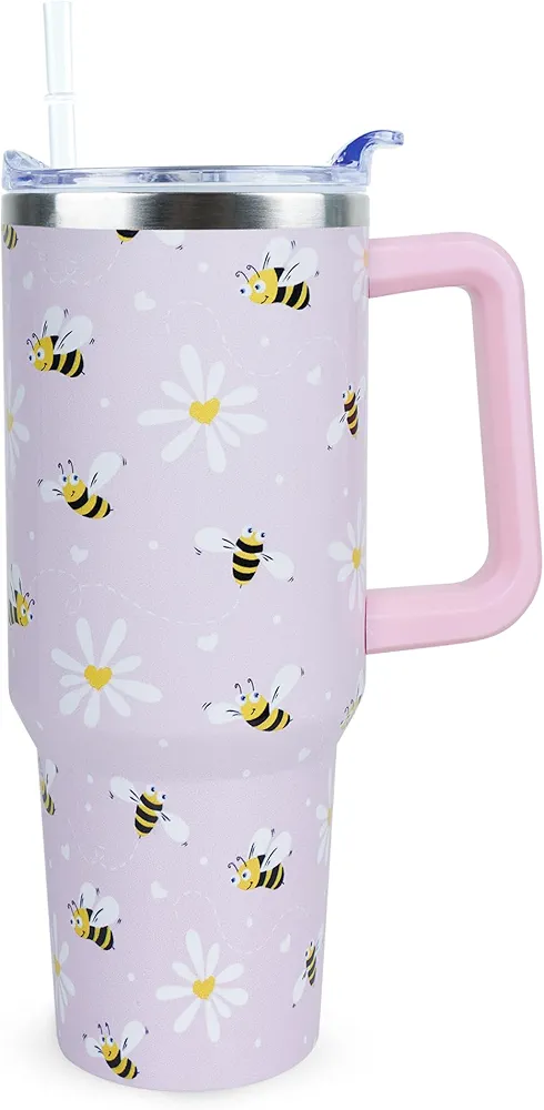 40 oz Cute Daisy Bee Tumbler with Handle and Straw, Stainless Steel Insulated Cup with Lid and Straw, Travel Mug Water Bottle, Gifts for Women