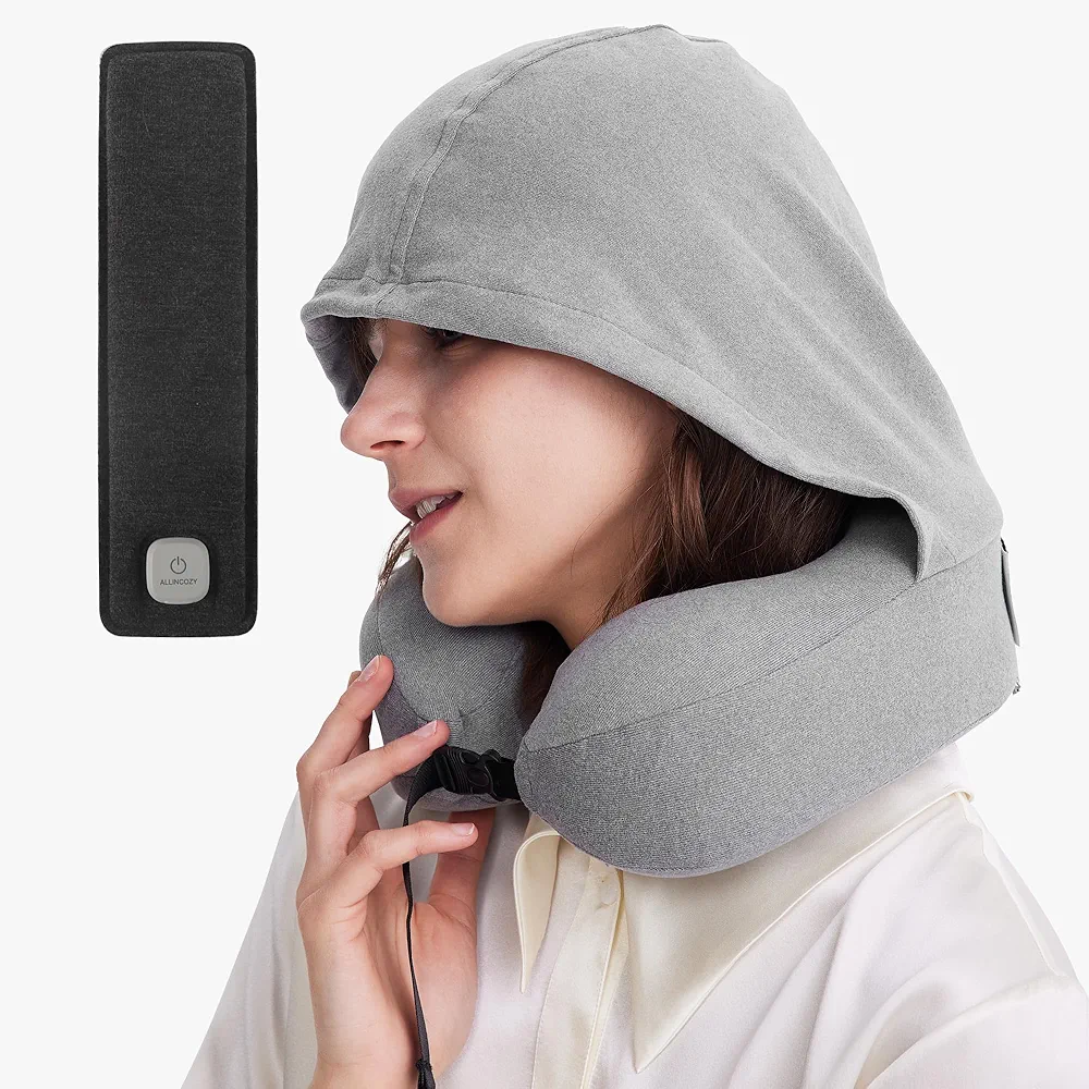 Heated Travel Neck Pillow with Hood for Airplane, Memory Foam Travel Pillow with Detachable Graphene Heating Pad for Neck Pain Relief and Stiffness, 3 Temperature Settings, Rechargeable, Gray