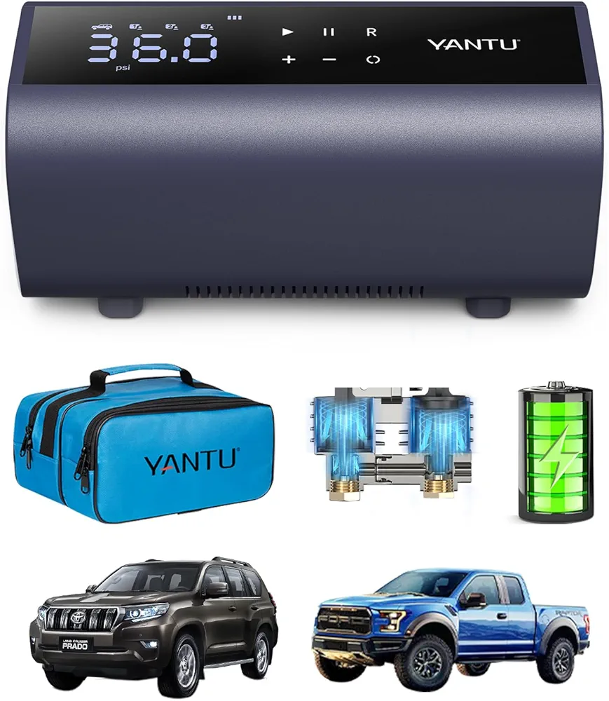 YANTU Dual Cylinder Tire Inflator Portable Air Compressor with 8.3-Inch Large Digital Screen,12V Cordless/Battery Powered Car Air Pump for Car Tires，Electric Auto Shut Off for Truck/Bike/Pickup/Moto