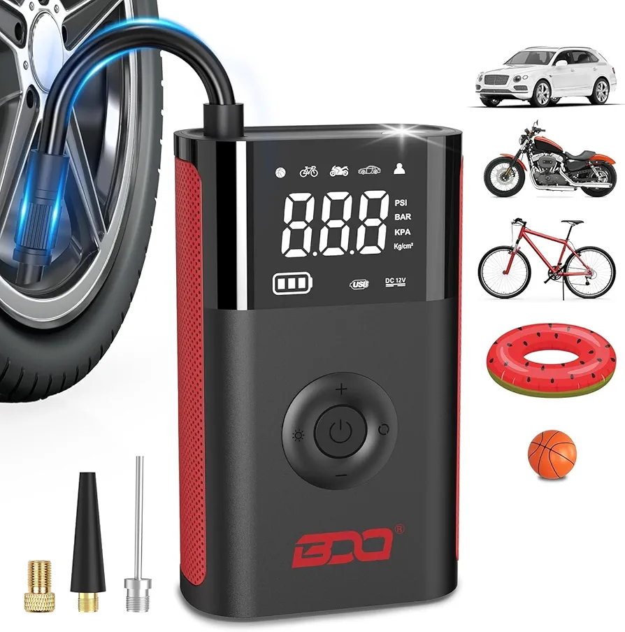Tire Inflator Portable Air Compressor - Auto Shutoff for Car Tires,150 PSI Air Pump for Car,Tire Inflator with Pressure Gauge-2X Cordless Tire Pump for Car, Motorcycle, E-Bike, Ball Light Red
