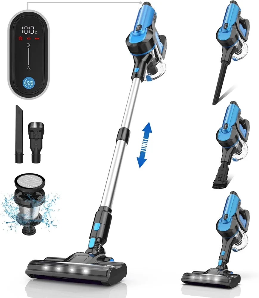Cordless Vacuum Cleaner, 33000pa Suction Stick Vacuum with Smart LED Display, Max 50 Mins Runtime, Anti-Tangle Lightweight Handheld Vacuum for Hard Floor Carpet Pet Hair (Blue)