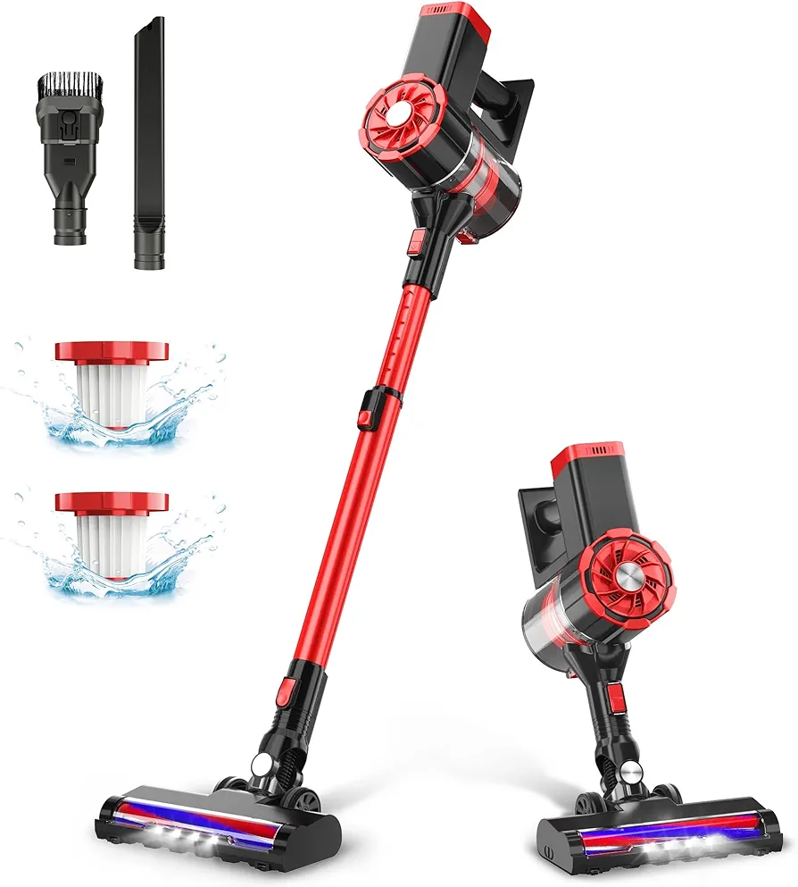 Cordless Vacuum Cleaner, Powerful Suction Stick Vacuum with 35min Long Runtime Detachable Battery, 6 in 1 Lightweight Quiet Vacuum Cleaner Perfect for Hardwood Floor & Carpet Pet Hair, W100 (Red)
