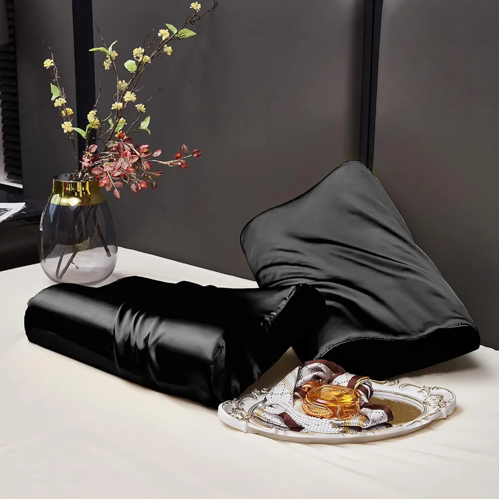Bedream Pack of 2 Satin Pillowcase for Contour Pillow, Cooling Imitation Silk Pillow Case with Invisible Zipper, Black Glossy Stretch Wave Shape Neck Pillow Cover for Hair Protection, Queen (24"x14')