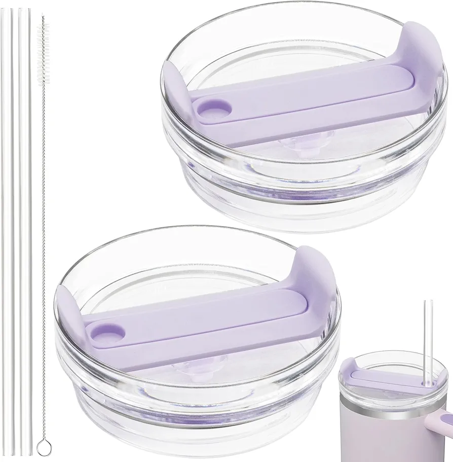 40oz Tumbler Lid Compatible for Stanley, 2 Pack Replacement Tumbler Lids Fit for Stanley Quencher 2.0 Tumbler 40 OZ, with Straws and Cleaning Brush (Orchid)