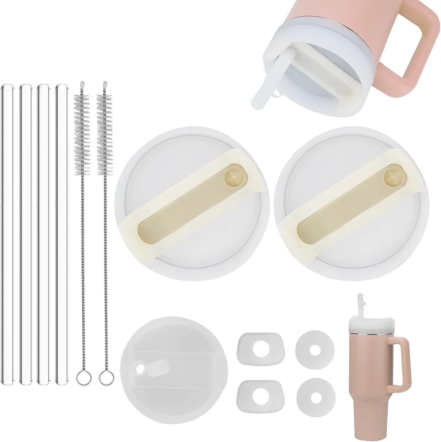 2 Pcs Replacement Lids For Stanley Cup 40 Oz Tumbler, Silicone Spill Stopper 4Pcs Set For H2.0 Stanley, Silicone Cup Lid Dust Cover With Straw Lid Cap 1 Pcs, 4 Pcs Long Reusable Stanley Straw (white)