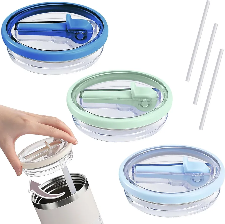 3PCS 40 oz Replaceble Tumbler Flip Straw Lid for Stanley Quencher, Reusable Tumbler Cover for Stanley Cup,Straw Lid Replacement Fit (Blue+Green+Blue)