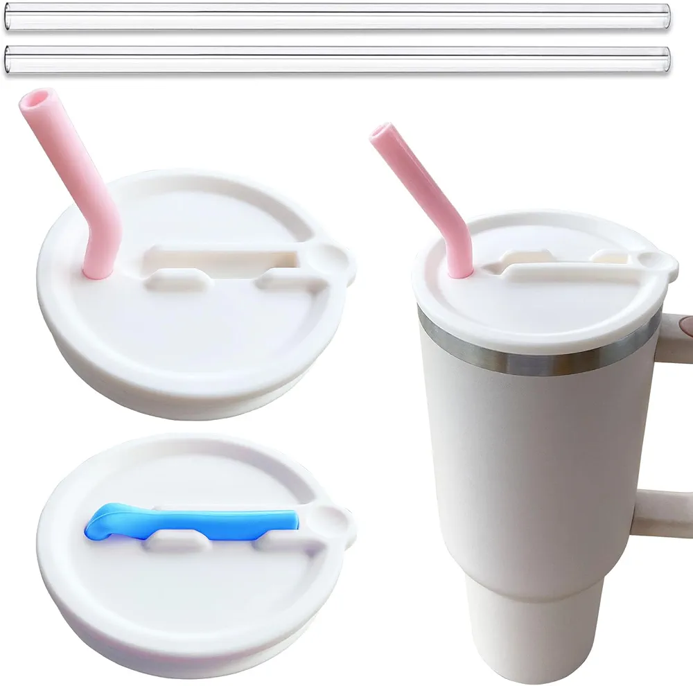 2 Pack Silicone Tumbler Flip Straw Lids, Replacement Leak Proof Lid For Stanley Quencher 40 oz, Reusable Spill Proof Splash Resistant Tumbler Cover for Stanley Cup. (White)