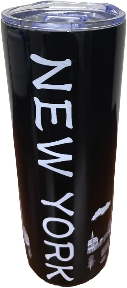 Vacuum Insulated Tumbler with Straw and Flip Lid Stainless Steel Water Bottle Iced Coffee Travel Mug Cup 15oz Gift Box Skyline Map (NEW YORK) NY (Black)
