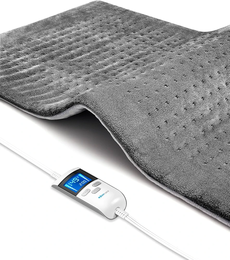 Boncare® LCD Digital Control 12” x 24” Heating Pad for Back Pain Relief and Cramps with Auto Shut Off Large Size 6 Temperature Settings 6 Timers Super Soft Velvet Moist/Dry Hot Heat Pad (Light Gray)