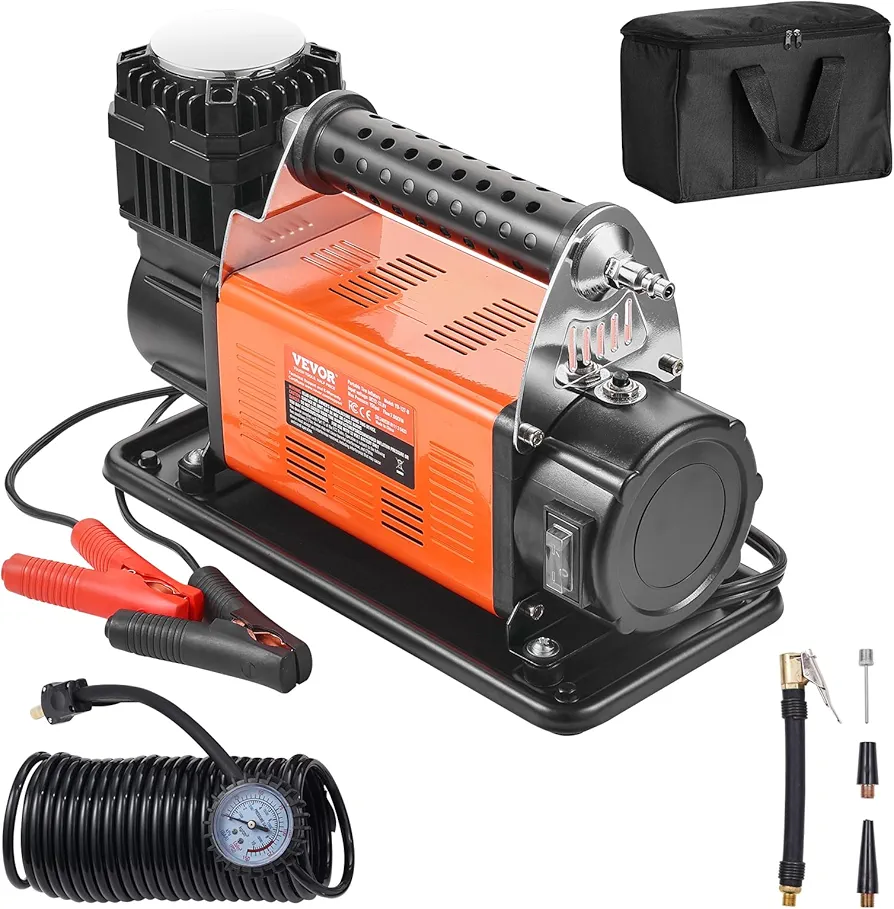 VEVOR 12V Portable Tire Inflator, 7.06CFM Heavy Duty Air Compressor, 150PSI Offroad Air Pump with Adapters for Car SUV RV Truck - Include 6.5FT Power Cord, 26FT Air Hose with Pressure Gauge, Carry Bag