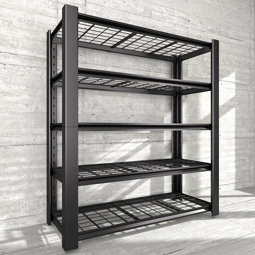 Heavy Duty Garage Shelving Unit with Wire Grid Shelves, 76.6" H x 60" W x 24" D, 5-Tier Adjustable Metal Shelving, Industrial Garage Storage Shelf for Heavy Duty Shelving, Storage Room, Basement-1Pack