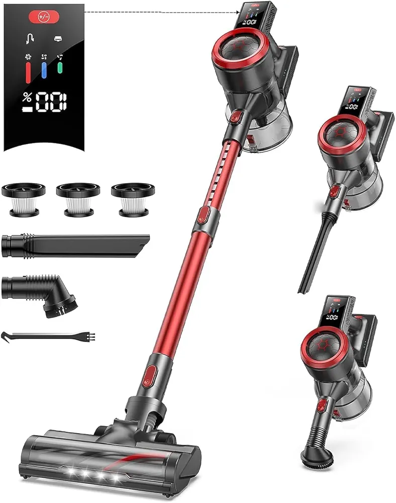Cordless Vacuum Cleaner, 450W 38KPA Stick Vacuum with Color Touch Display, Up to 55Mins, Rechargeable Cordless Vacuum for Hardwood Floor Carpet Pet Hair, Red, JR700