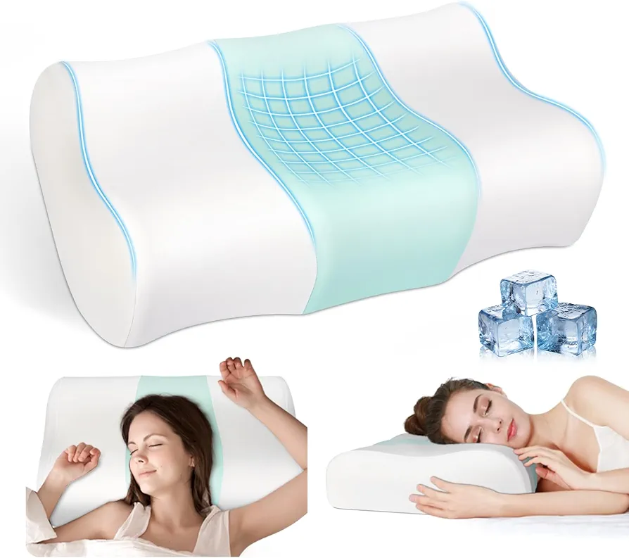 Cooling Memory Foam Pillow Cervical Neck Pillow,Ergonomic Orthopedic Contour Pillow for Neck Support,Cervical Bed Pillow for Side/Back/Stomach Sleeper