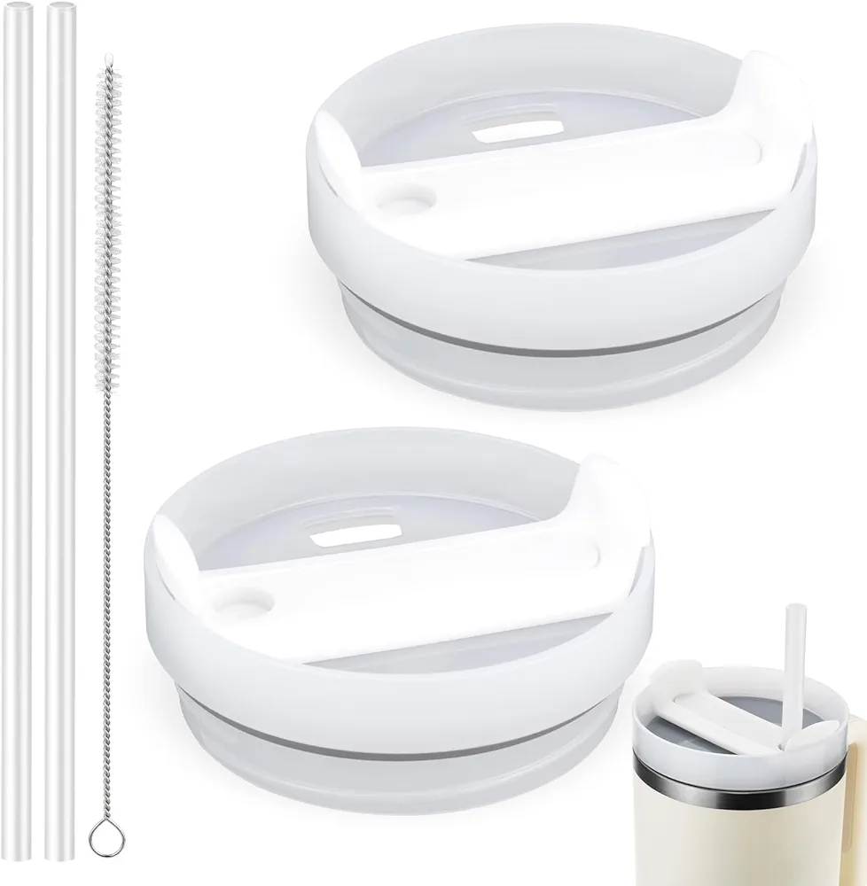 40 oz Tumbler Lid for Stanley Quencher, 2 Pack Spill Proof Splash Resistant Cup Top Replacement Accessory with Brush White
